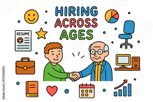 Diverse Workforce Illustrated. Hiring Across Ages. Colorful Hand-drawn doodle Children illustration handshake, resume, older worker, younger worker, briefcase,