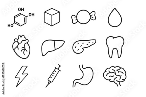 Metabolism Icon Set. Metabolic effects. Line icon set of Metabolic effects: glucose molecule, sugar cube, candy, blood drop, heart, liver, pancreas, tooth,