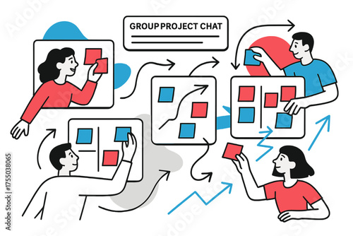 Collaborative Workspace Visualization. Group Project Chat. Floating screens showing shared boards, people moving sticky notes, abstract arrows representing