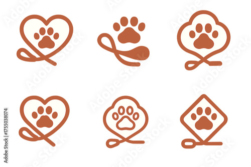 Pet Care Logos. Pet Care and Animal Companionship. Set Logo of Pet Care and Animal Companionship: leash and paw icon. harmonious logo variations of the same