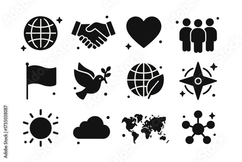 Global Unity Icons. Global unity. Solid icons set of Global unity: globe, handshake, heart, people group, flag, dove, globe with leaf, compass, sun, cloud,