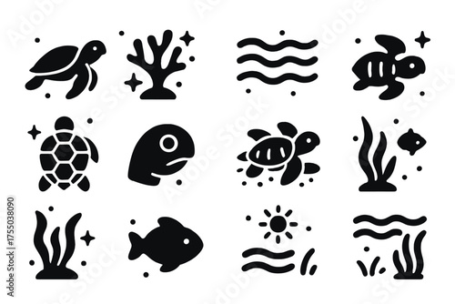 Sea Turtle Icons. Ishtar the Mighty. Set lettering. harmonious lettering variations of the same emblematic concept (Gothic-inspired decorative type, Retro