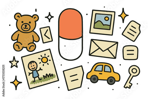 Childhood Treasure Trove. Childhood Capsule. Hand-drawn doodle illustration teddy bear (colored), photo (colored), toy car, capsule (colored), letter, sparkle,
