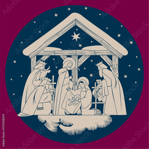A Christmas card with a scene of the Nativity of Christ and the adoration of the Magi in a linear style in round frame on blue background. Vector illustration