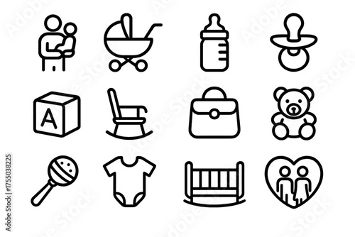 Parent-Child Icons. Bonding time. Line icon set of Bonding time: parent holding child, stroller, baby bottle, pacifier, toy block, rocking chair, diaper bag,