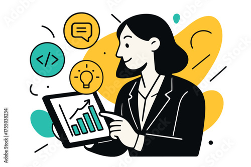 Skill Graph Review. Skill-based hiring. HR manager reviewing skill graphs on a tablet, floating icons of communication, coding, and creativity around, abstract