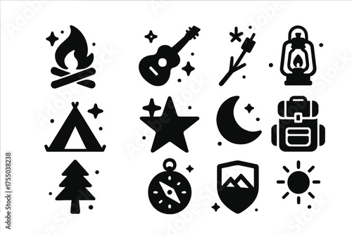 Campfire Night Icons. Campfire night. Solid icons set of Campfire night: campfire, guitar, marshmallow stick, lantern, tent, star, moon, backpack, tree,