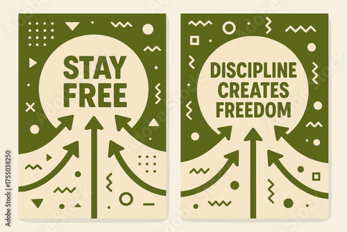 Inspiring Memphis Banners. Inspiration. Two vertical A6 banners with safe margins, centered composition, no elements touching edges, memphis style, olive green
