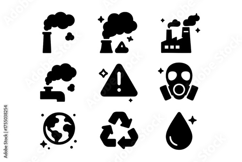 Industrial Pollution Icons. Industrial pollution. Solid icons set of Industrial pollution: smoke stack, cloud of smoke, factory building, industrial pipe,