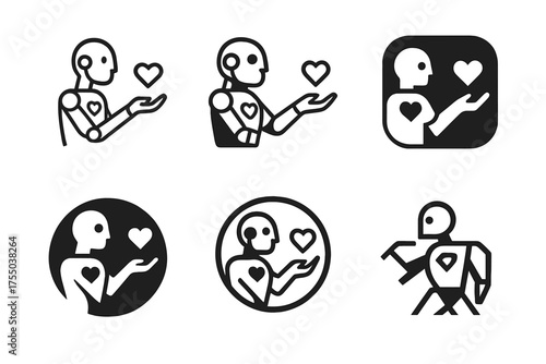 Robotic Empathy Logos. Robotic empathy and emotional response. Set Logo of Robotic empathy and emotional response: humanoid robot offering a helping hand.