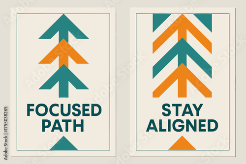 Geometric Motivation Banners. Determination. Two vertical A6 banners with safe margins, centered composition, no elements touching edges, geometric style,
