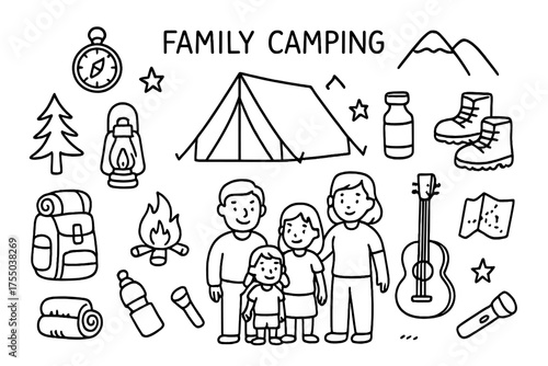 Family Camping Doodle. Family camping. Hand-drawn doodle illustration family camping tent, backpack, sleeping bag, campfire, compass, lantern, tree, mountain,
