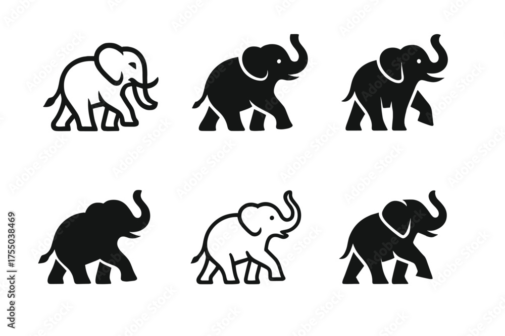 Naklejka premium Elephant Logo Variations. Elephant Performance. Set Logo of Elephant Performance: elephant marching. harmonious logo variations of the same emblematic concept,