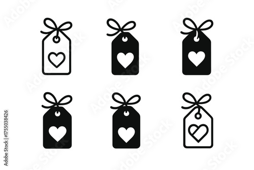 Gift Tag Logos. Gift wrapping. Set Logo of Gift wrapping: Gift tag tied with twine and heart punch. harmonious logo variations of the same emblematic concept,