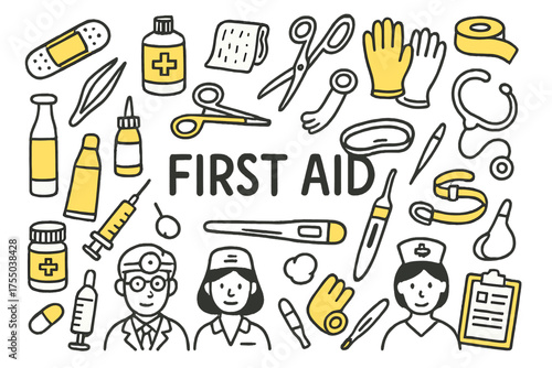 First Aid Essentials. First Aid. Hand-drawn doodle illustration Bandage, antiseptic, gauze pad, scissors, tweezers, adhesive tape, gloves, thermometer, cotton