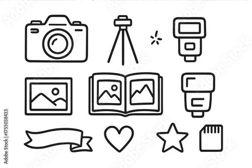 Photography Doodle Icons. Photography. Hand-drawn doodle illustration Photography camera tripod lens photo frame album flash memory card heart star ribbon.