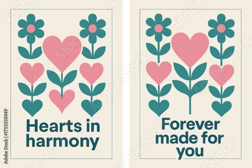 Hearts in Harmony Banners. Hearts in harmony. Two vertical A6 banners with safe margins, centered composition, no elements touching edges, bauhaus, pink and