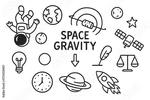 Space Gravity Doodle. Space gravity. Hand-drawn doodle illustration space gravity astronaut, globe, moon, star, orbit, satellite, arrow down, ball, feather,