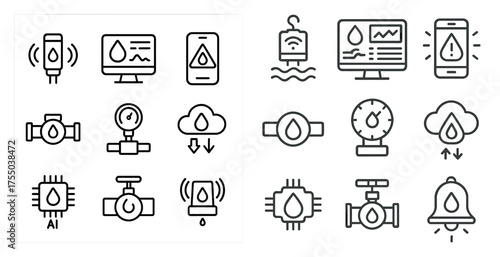Water utility outline icons set – linear, plumbing, filtration, hydrology symbols
