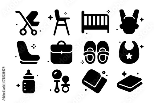 Baby Gear Icons. Baby gear. Solid icons set of Baby gear: stroller, high chair, crib, baby carrier, car seat, diaper bag, baby shoes, bib, pacifier, bottle,