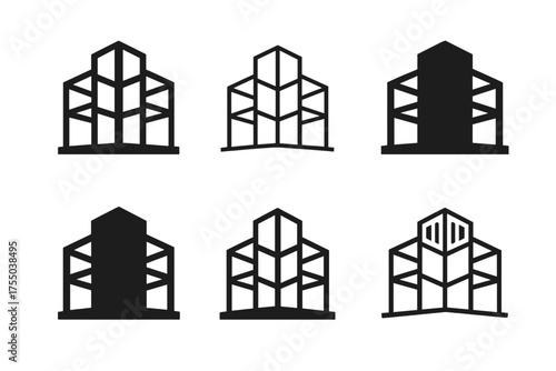 Building Logo Variations. 3D model of building skeleton. Set Logo of 3D model of building skeleton: concrete core and shear walls. harmonious logo variations