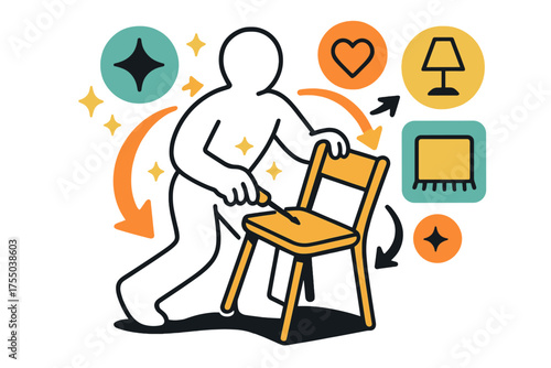 Creative Furniture Assembly. Furniture upgrade. Glowing figure assembling chair while new lamp and rug icons hover around. Floating icons of sparkle, heart,