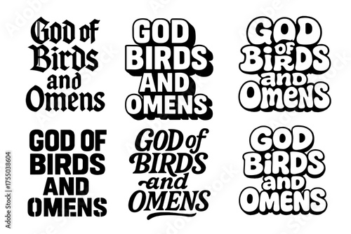Bird God Lettering Designs. God of Birds and Omens. Set lettering. harmonious lettering variations of the same emblematic concept (Gothic-inspired decorative