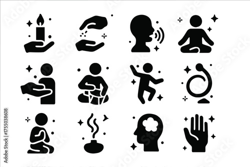 Ritual Actions Icons. Ritual Actions. Solid icons set of Ritual Actions: lighting candle, sprinkling herbs, chanting, meditation, offering, drumming, dancing,