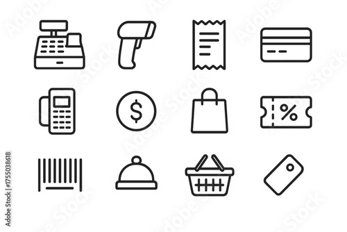 Checkout Icons Set. Checkout essentials. Line icon set of Checkout essentials: cash register, scanner, receipt, credit card, POS terminal, coin, bag, coupon,