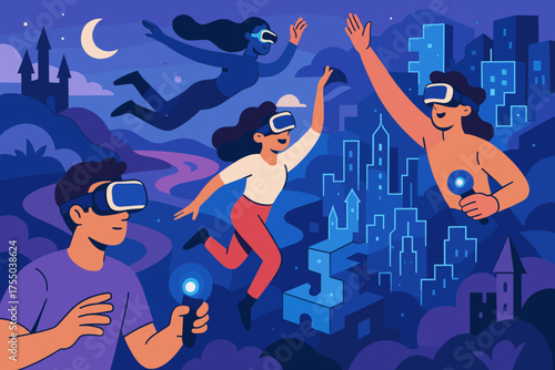 Immersive VR Adventure. CALL to Virtual Reality, people wearing VR headsets and exploring fantastical worlds, avatars jumping and flying through digital