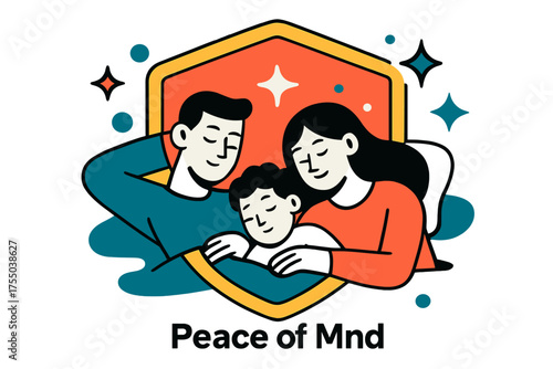 Serene Family Night. Peace of Mind. A glowing family resting calmly at night under shield-shaped light, abstract floating spark and star icons symbolizing