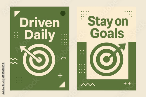 Memphis Style Banners. Inspiration. Two vertical A6 banners with safe margins, centered composition, no elements touching edges, memphis style, olive green and