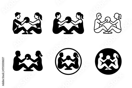 Partner Exercise Logos. A couple doing partner exercises, motivating and supporting each other. Set Logo of A couple doing partner exercises, motivating and