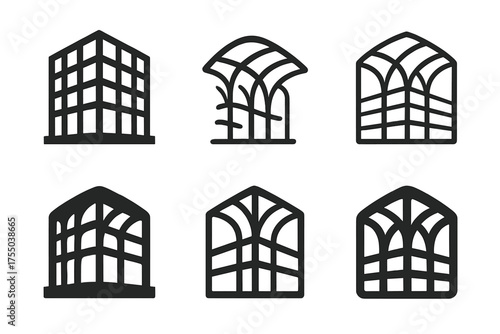 Building Skeleton Logos. 3D model of building skeleton. Set Logo of 3D model of building skeleton: atrium exposed structural ribs. harmonious logo variations