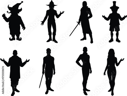 Silhouettes of fantasy characters, jester, witch, warrior, magician, hero, adventurer, archetype figures, storytelling illustration concept