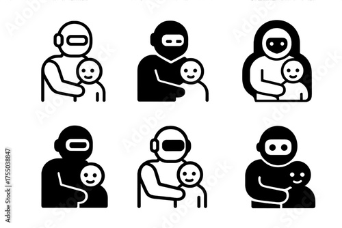 Robotic Empathy Logos. Robotic empathy and emotional response. Set Logo of Robotic empathy and emotional response: robot offering a shoulder (support gesture).