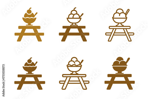 Ice Cream Logo Grid. Outdoor ice cream sundae bar setup. Set Logo of Outdoor ice cream sundae bar setup: Picnic Table. harmonious logo variations of the same