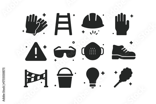Safety Icons Grid. Safety Precautions. Solid icons set of Safety Precautions: gloves, ladder, helmet, hand, warning sign, protective glasses, dust mask, shoes,