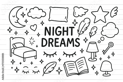 Dreamy Night Doodles. Night dreams. Hand-drawn doodle illustration night dreams moon, star, cloud, pillow, bed, closed eyes, feather, sparkles, heart, thought