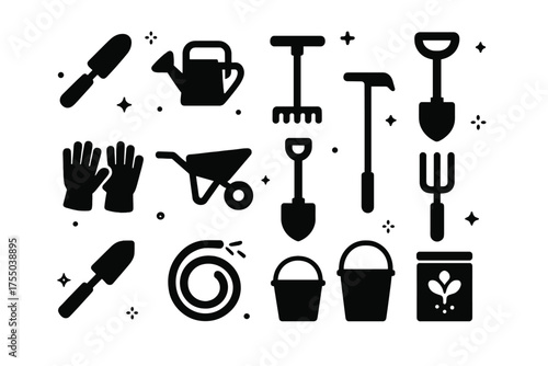 Vegetable Gardening Icons. Vegetable Gardening Tools. Solid icons set of Vegetable Gardening Tools: trowel, watering can, rake, hoe, gloves, wheelbarrow,