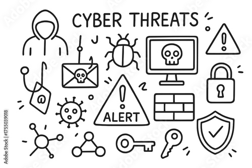 Cybersecurity Doodle Icons. Cyber Threats. Hand-drawn doodle illustration Cyber Threats hacker virus bug malware phishing alert lock firewall network key
