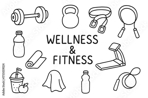 Fitness Icon Doodles. Wellness & Fitness. Hand-drawn doodle illustration Wellness & Fitness dumbbell yoga mat kettlebell resistance band water bottle towel