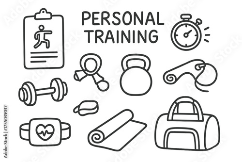 Personal Training Essentials. Personal Training. Hand-drawn doodle illustration Personal Training clipboard stopwatch whistle dumbbell kettlebell yoga mat