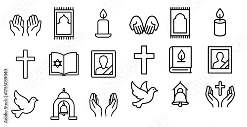 Religion and spirituality outline icons set – faith, belief, sacred symbols