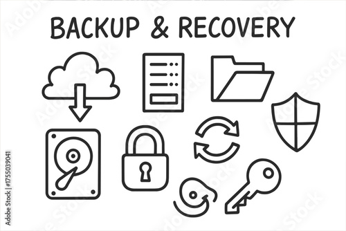 Backup & Recovery Doodle. Backup & Recovery. Hand-drawn doodle illustration Backup & Recovery cloud server hard drive folder arrow lock shield key refresh
