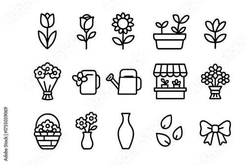 Flower Market Icons. Flower market. Line icon set of Flower market: tulip, rose, sunflower, potted plant, bouquet, watering can, vendor stand, hanging flowers,