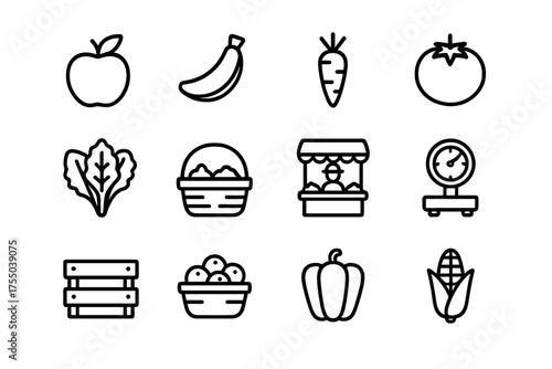 Fresh Produce Icons. Fresh produce market. Line icon set of Fresh produce market: apple, banana, carrot, tomato, leafy greens, basket, vendor table, scale,