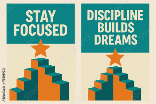 Geometric Motivation Banners. Determination. Two vertical A6 banners with safe margins, centered composition, no elements touching edges, geometric style,