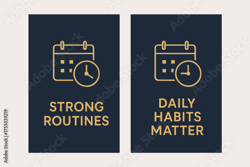 Minimalistic Routine Banners. Discipline. Two vertical A6 banners with safe margins, centered composition, no elements touching edges, modern minimal, navy and