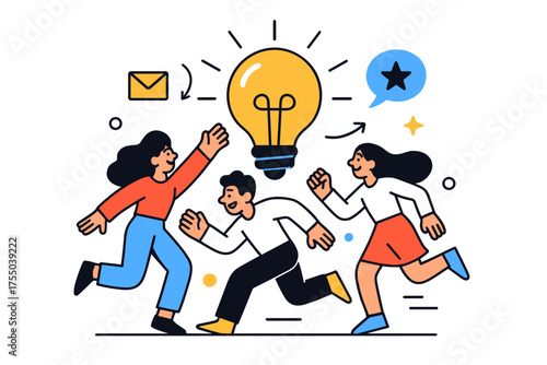 Creative Idea Spark. REFERRAL. Lightbulb glowing, idea generation, creative spark. Modern flat vector scene with expressive, stylized characters in dynamic